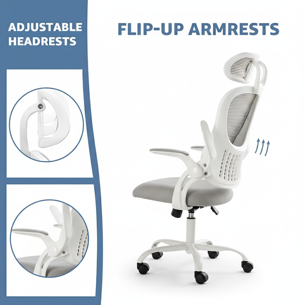 Ergonomic Mesh Office Chair with Adjustable Headrest, Foldable Armrests, and Lumbar Support for Comfortable Home Office Work