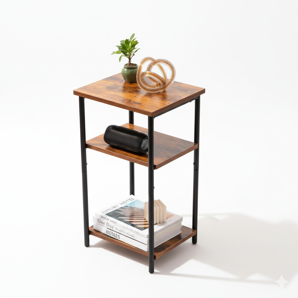 3-Tier Side Table with Adjustable Feet, Small Bedside Table with Steel Frame, Space-Saving End Table for Bedroom, Living Room, or Office