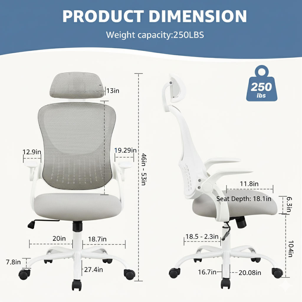 Ergonomic Mesh Office Chair with Adjustable Headrest, Foldable Armrests, and Lumbar Support for Comfortable Home Office Work