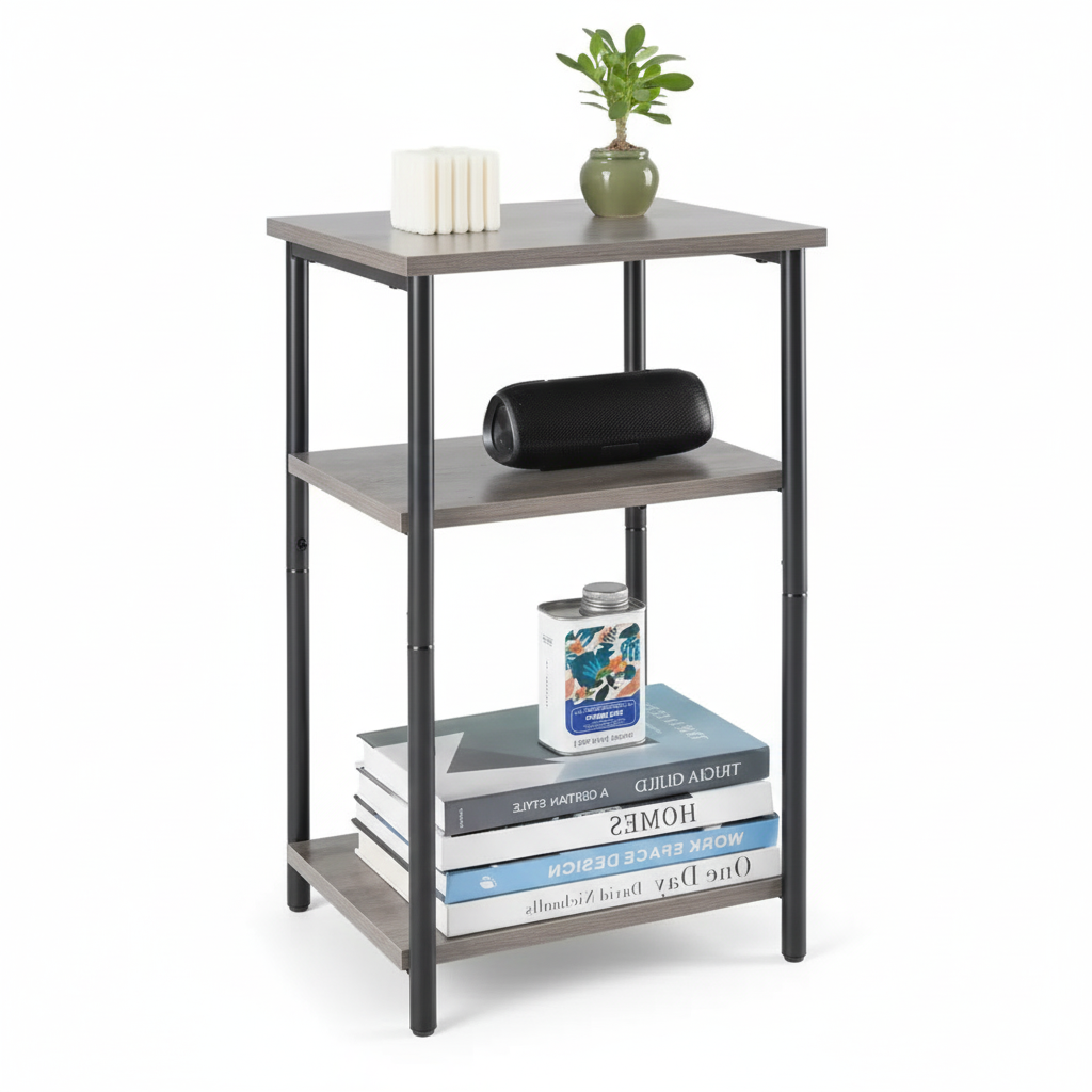3-Tier Side Table with Adjustable Feet, Small Bedside Table with Steel Frame, Space-Saving End Table for Bedroom, Living Room, or Office