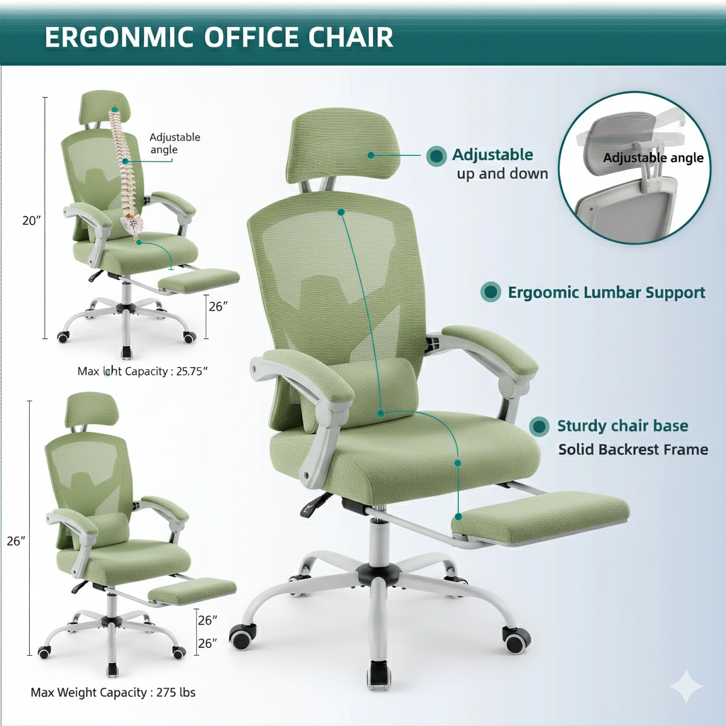 Ergonomic Reclining High-Back Mesh Rocking Chair with Lumbar Support, Swivel Gaming and Computer Desk Chair for Living Room or Office