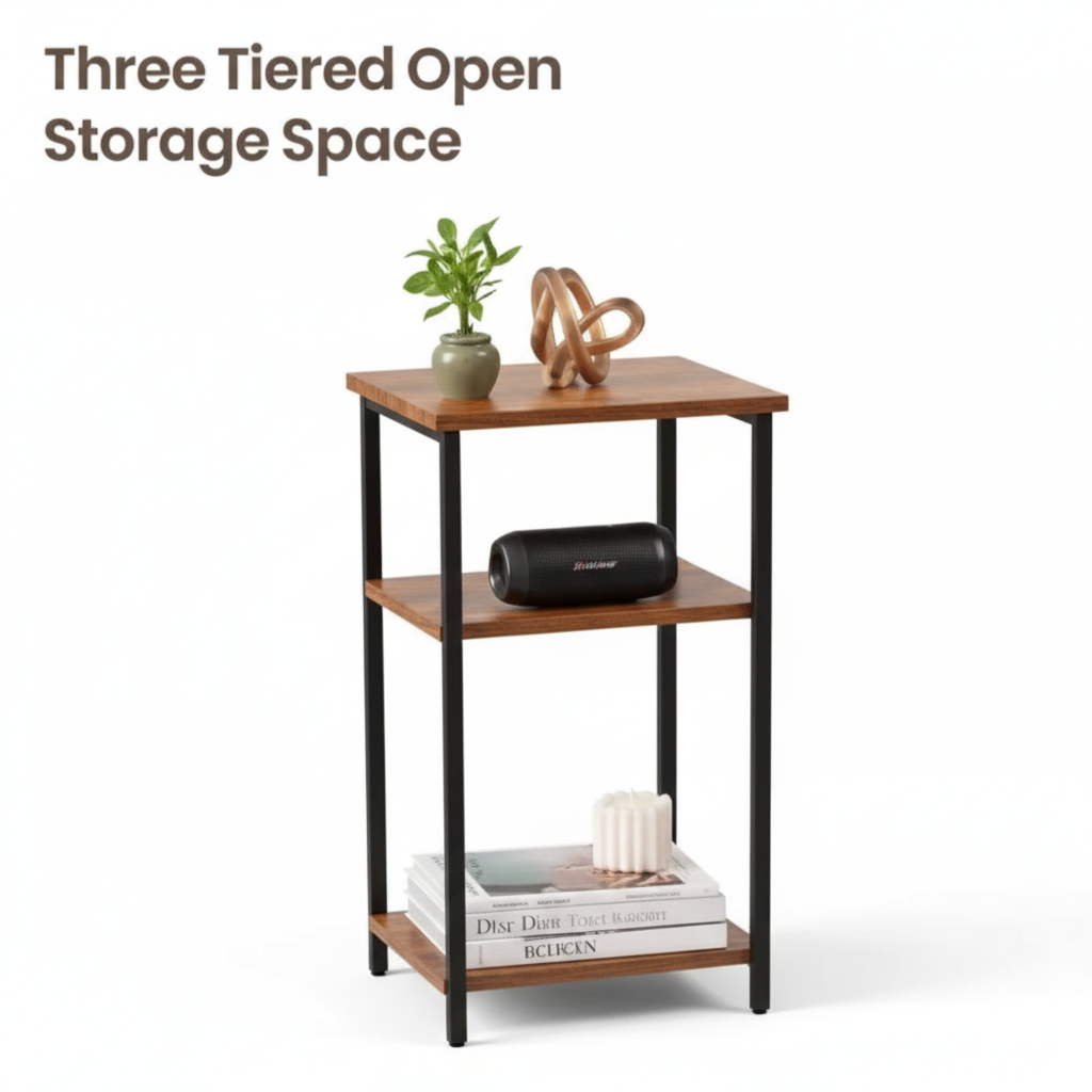 3-Tier Side Table with Adjustable Feet, Small Bedside Table with Steel Frame, Space-Saving End Table for Bedroom, Living Room, or Office