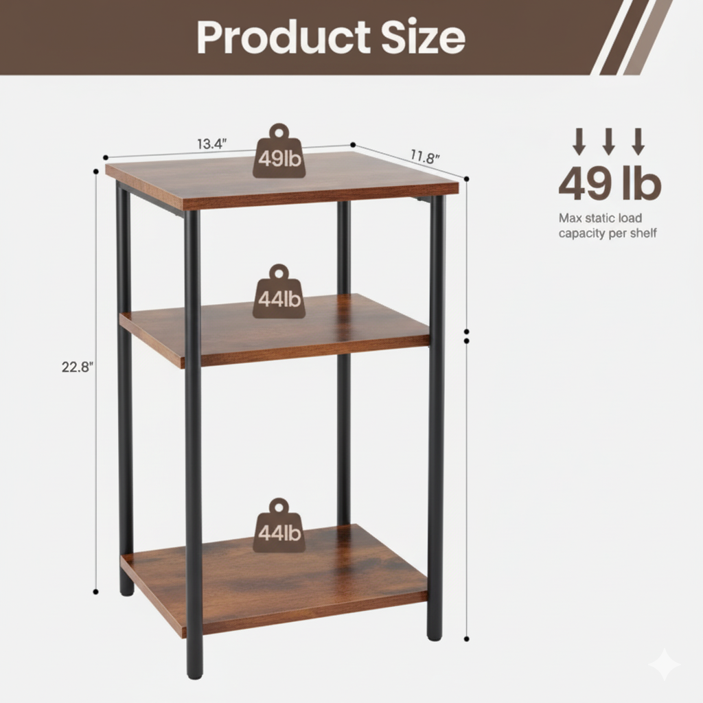 3-Tier Side Table with Adjustable Feet, Small Bedside Table with Steel Frame, Space-Saving End Table for Bedroom, Living Room, or Office