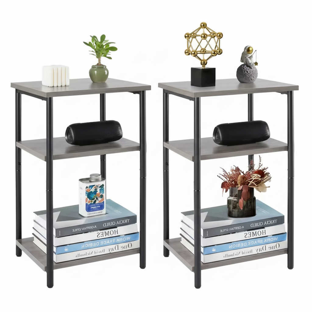 3-Tier Side Table with Adjustable Feet, Small Bedside Table with Steel Frame, Space-Saving End Table for Bedroom, Living Room, or Office