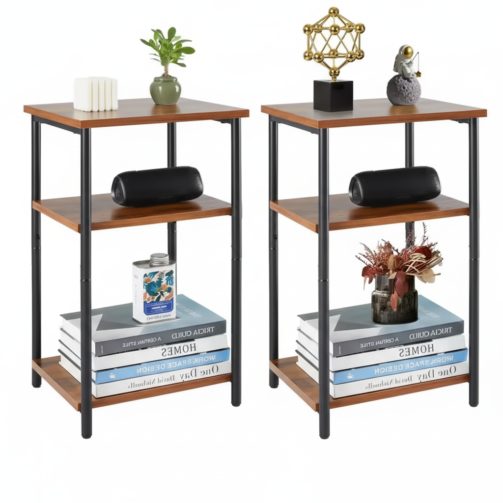 3-Tier Side Table with Adjustable Feet, Small Bedside Table with Steel Frame, Space-Saving End Table for Bedroom, Living Room, or Office