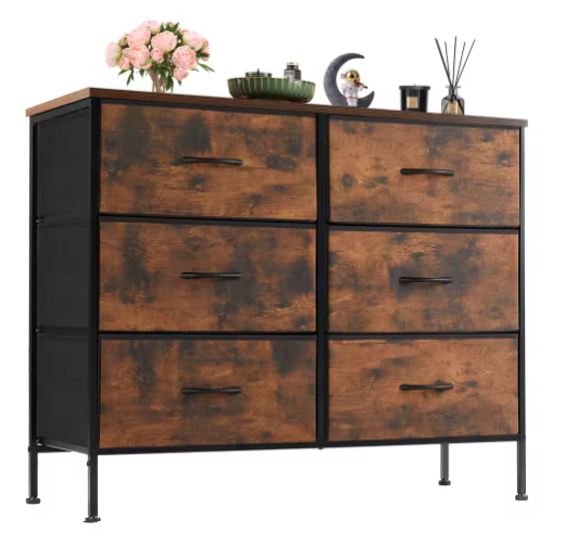 6-Drawer Fabric Dresser Nightstand – Rustic Bedroom Storage Chest, Bedside Sofa Table & Closet Organizer Cabinet by JHK