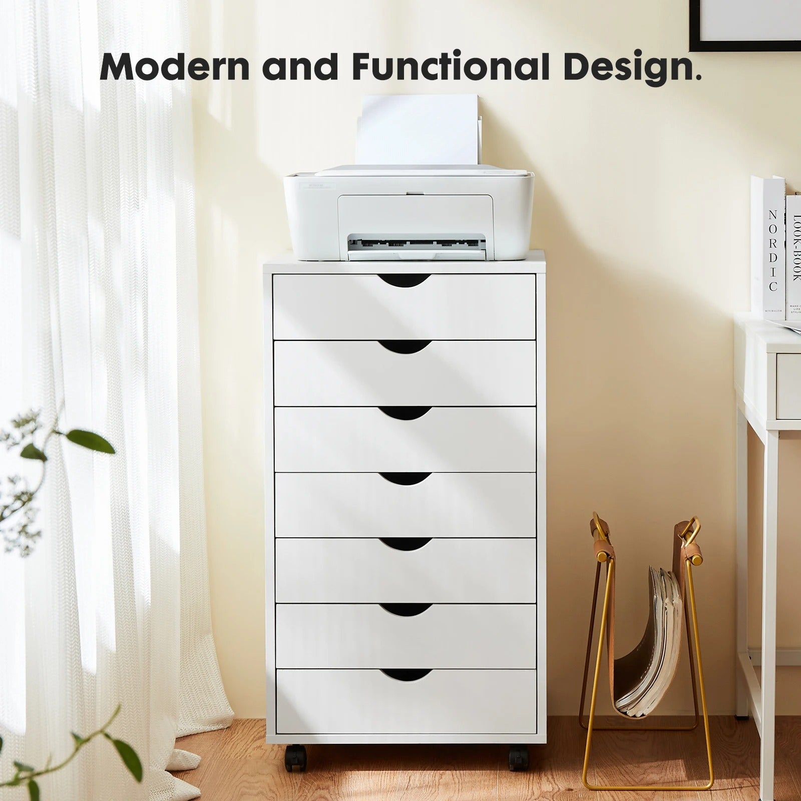 7-Drawer Wooden Dresser Chest – Rolling Storage Cabinet with Wheels, Modern Nightstand Organizer for Bedroom, Office, or Living Room