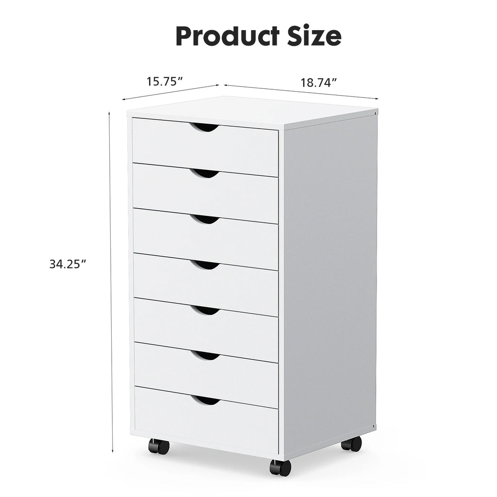 7-Drawer Wooden Dresser Chest – Rolling Storage Cabinet with Wheels, Modern Nightstand Organizer for Bedroom, Office, or Living Room