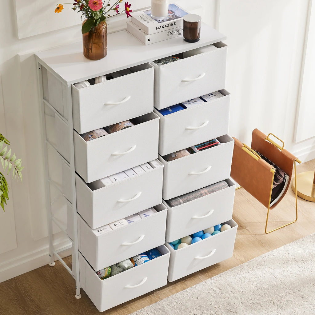Wardrobe Closet for Bedroom – Fabric Storage Cabinet with 5/7/10 White Drawers, Space-Saving Chest Organizer Furniture for Clothes and Accessories